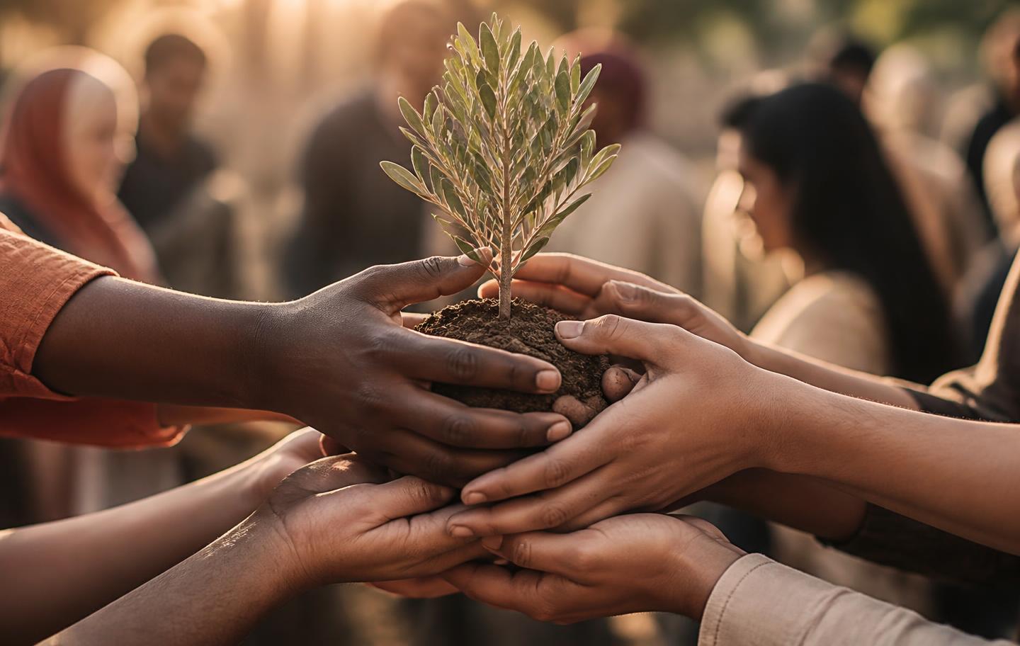 Diverse hands holding an olive sapling together, symbolizing hope, solidarity and community relief